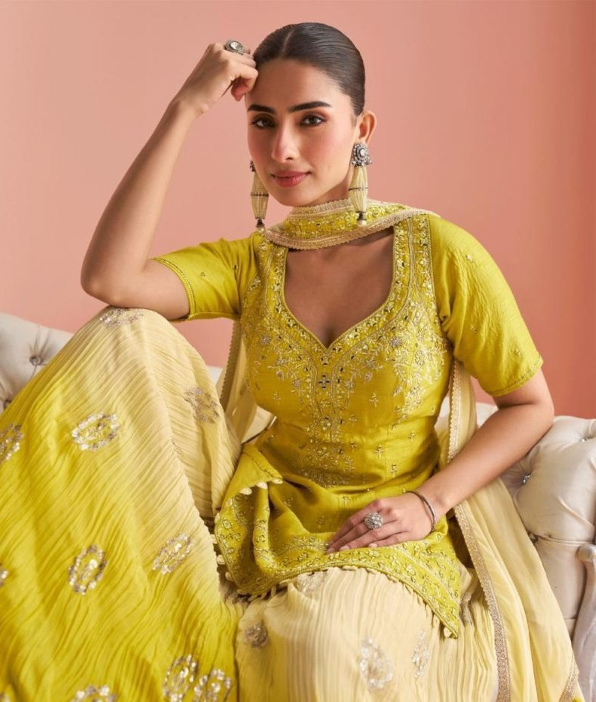 Anaita Yellow Chinon Stitched Suit With Embroidery Work | Grocsy