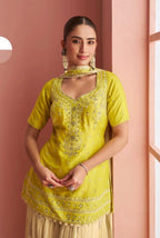 Anaita Yellow Chinon Stitched Suit With Embroidery Work | Grocsy