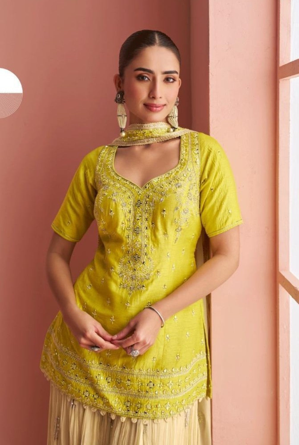 Anaita Yellow Chinon Stitched Suit With Embroidery Work | Grocsy