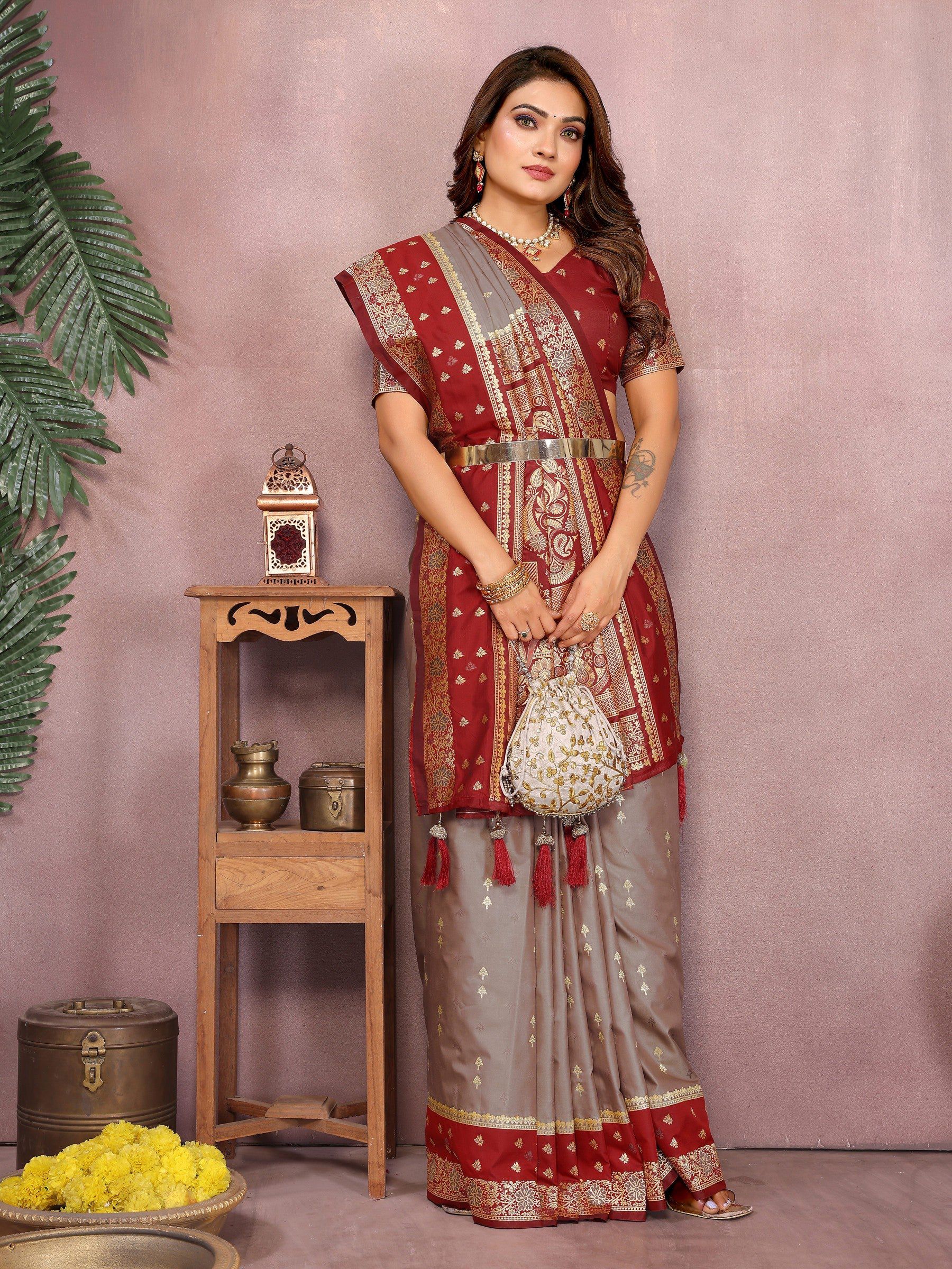 Anaita Grey Handloom Kalamkari Silk Saree With Zari Woven Work | Grocsy