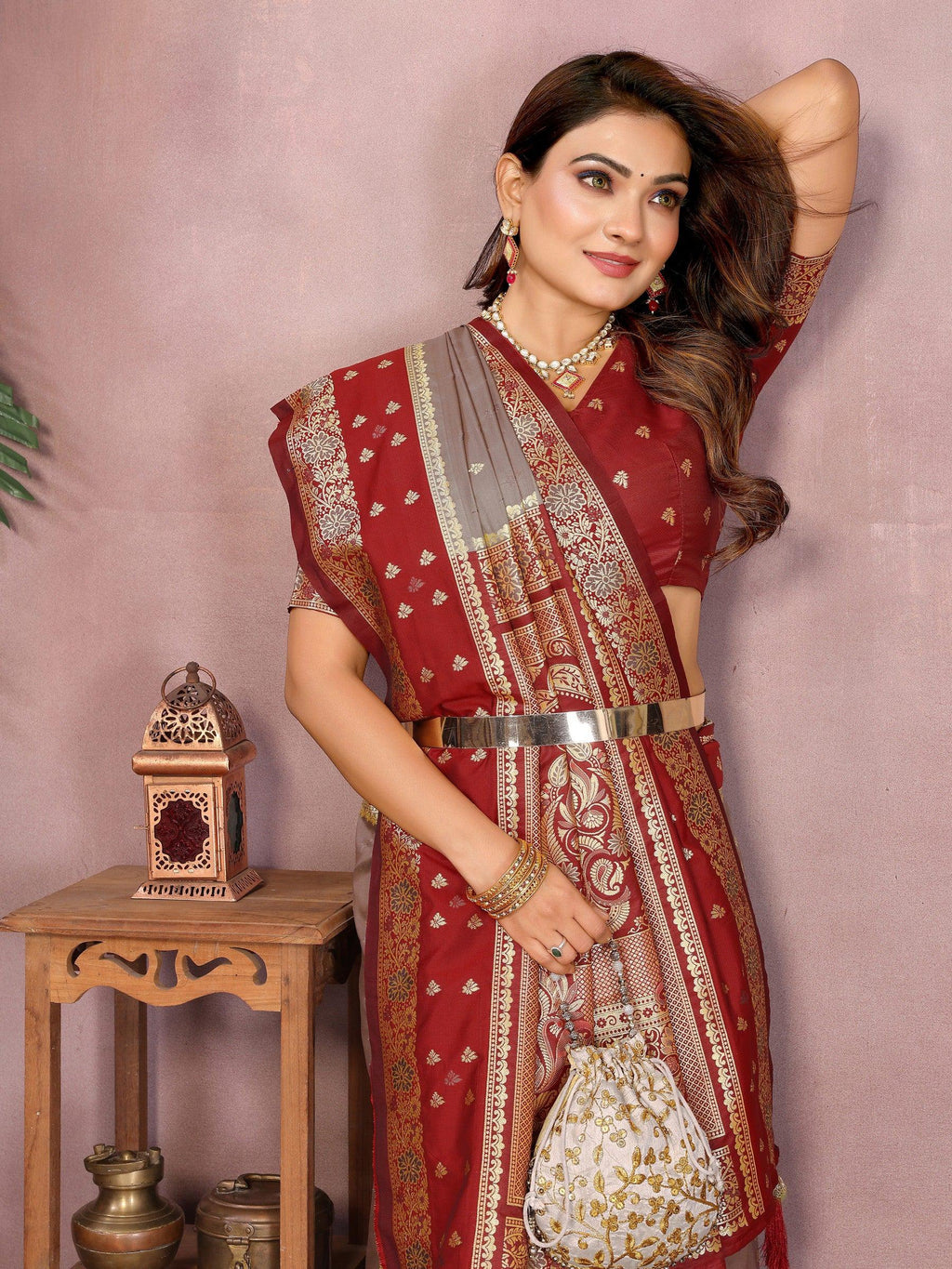 Anaita Grey Handloom Kalamkari Silk Saree With Zari Woven Work | Grocsy