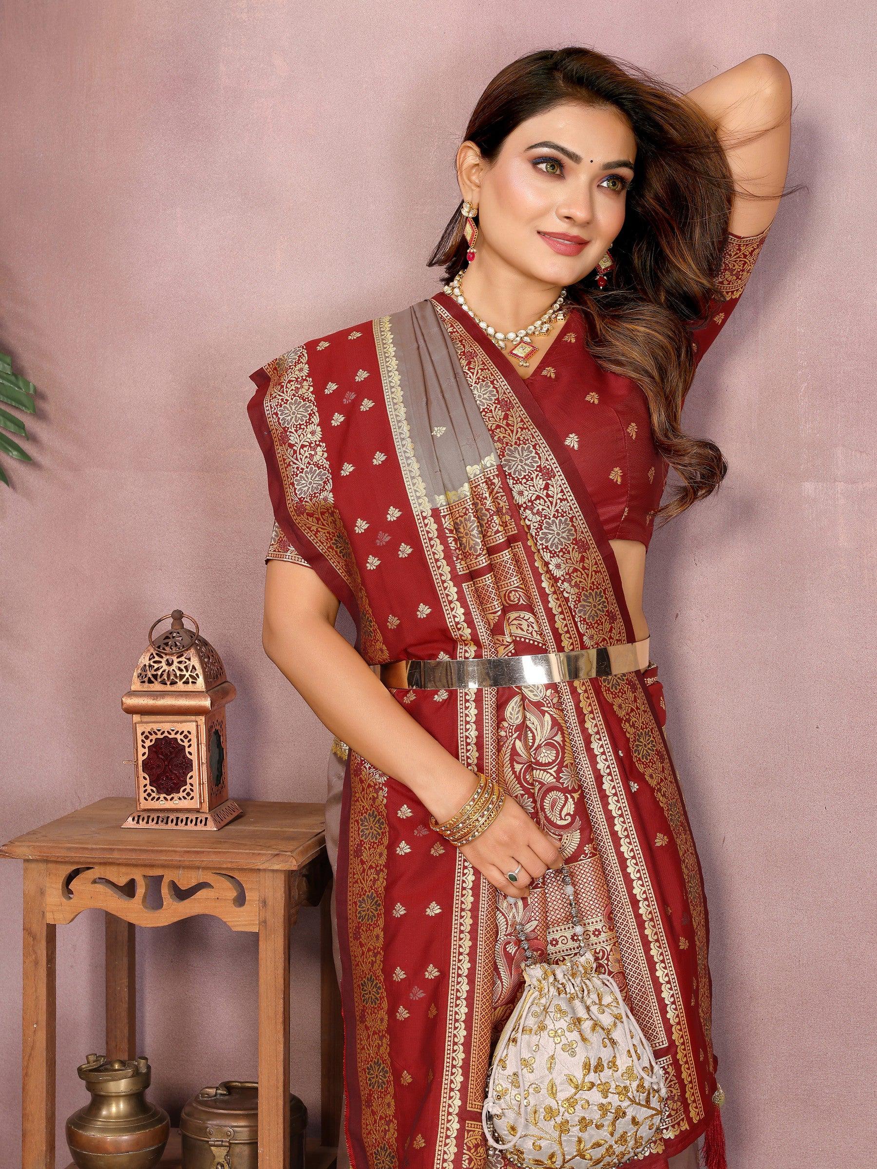 Anaita Grey Handloom Kalamkari Silk Saree With Zari Woven Work | Grocsy