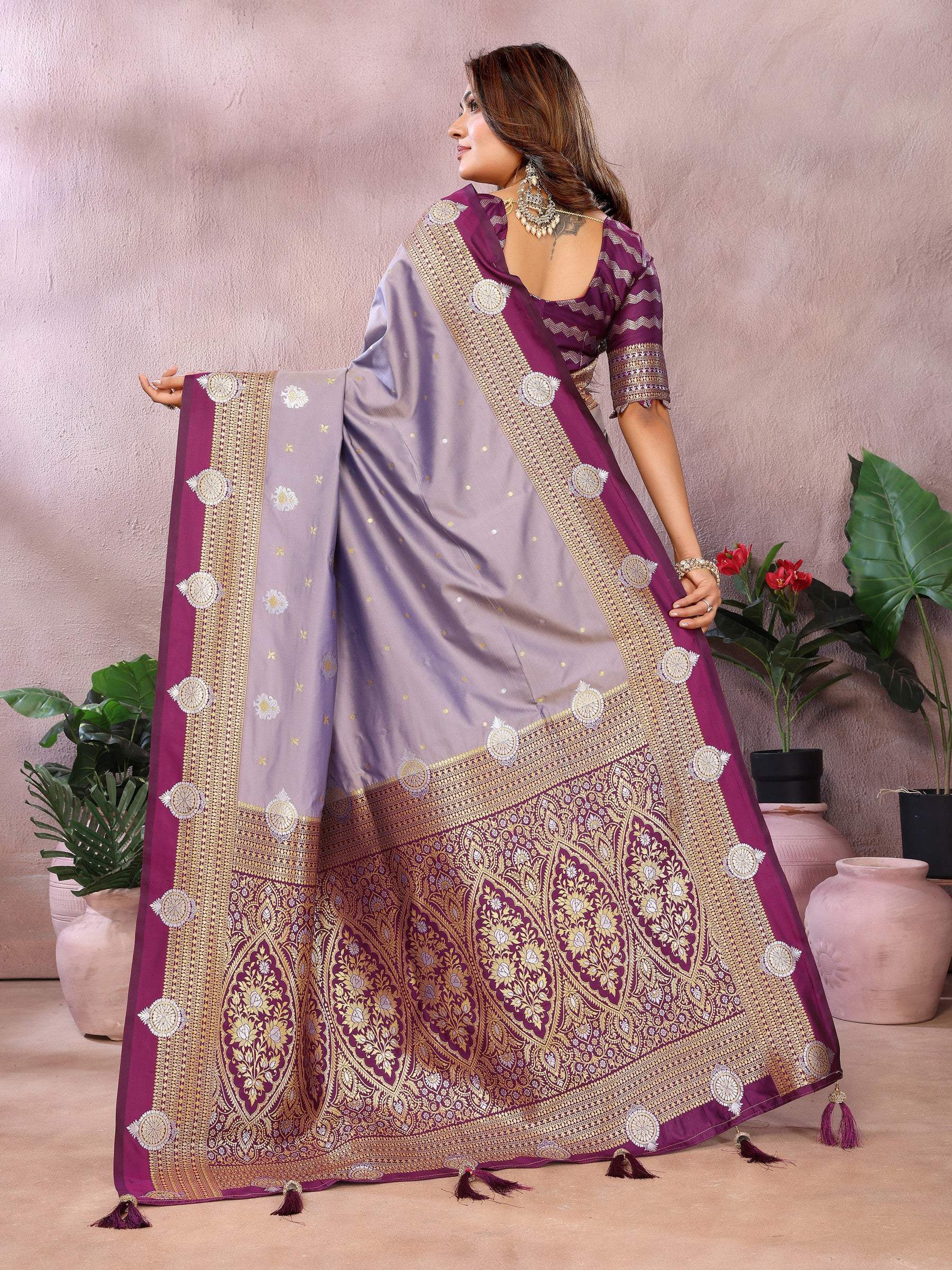 Anaita Lavender Handloom Kalamkari Silk Saree With Zari Woven Work | Grocsy
