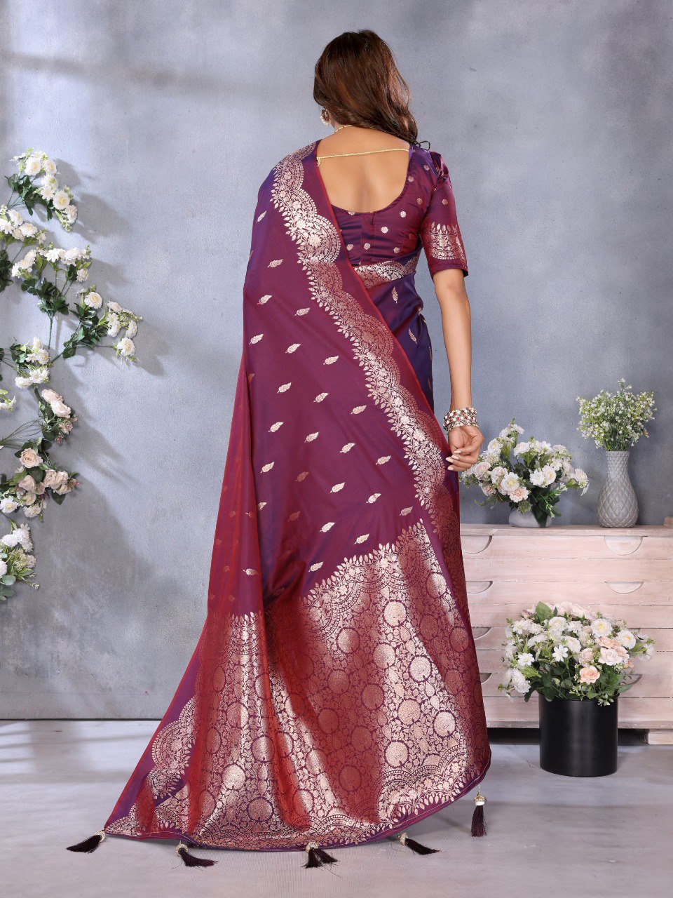 Anaita Maroon Premium Banarasi Tissue Silk Saree With Gala Weaving Work | Grocsy