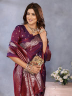 Anaita Maroon Premium Banarasi Tissue Silk Saree With Gala Weaving Work | Grocsy