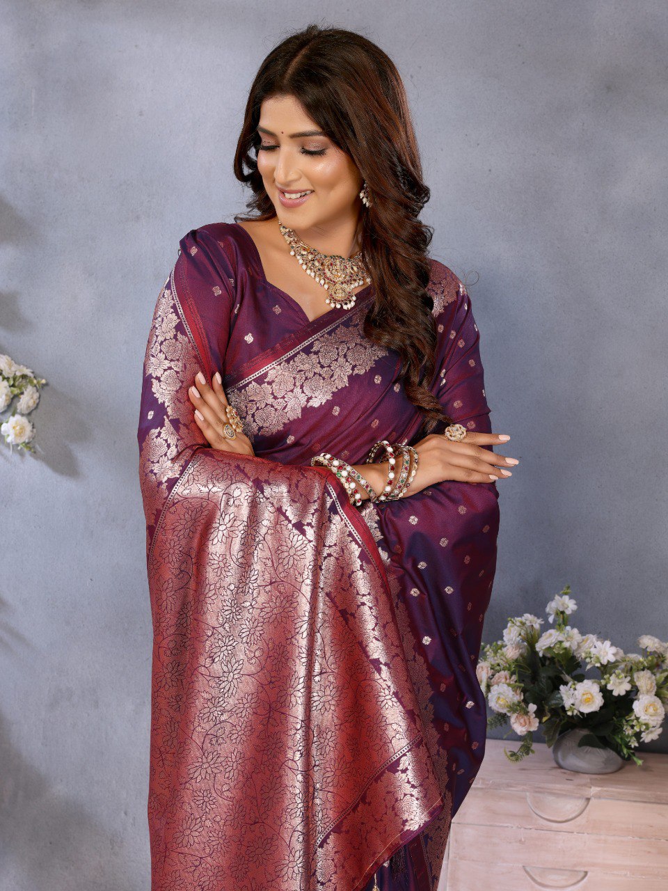 Anaita Maroon Premium Banarasi Tissue Silk Saree With Gala Weaving Work | Grocsy