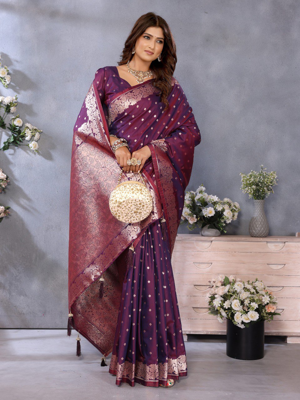 Anaita Maroon Premium Banarasi Tissue Silk Saree With Gala Weaving Work | Grocsy