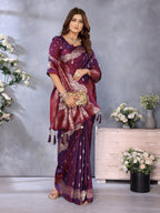 Anaita Maroon Premium Banarasi Tissue Silk Saree With Gala Weaving Work | Grocsy