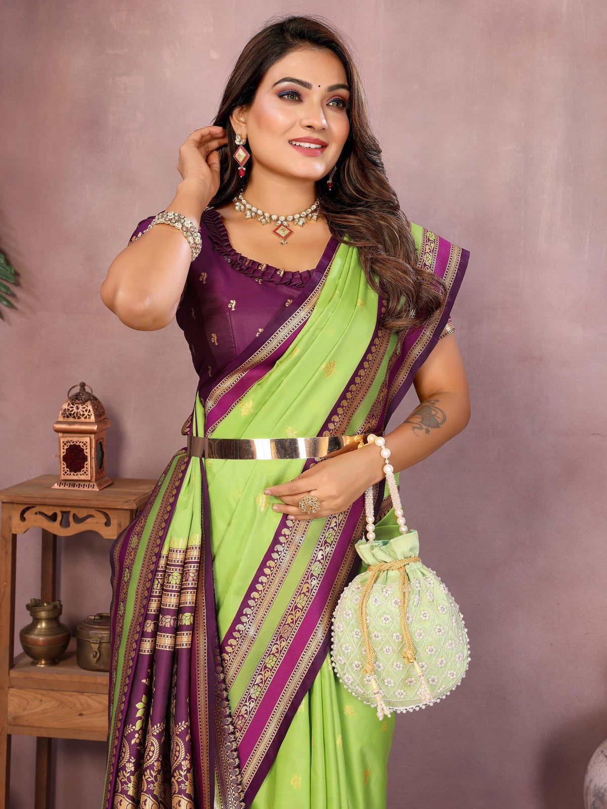 Anaita Parrot Handloom Kalamkari Silk Saree With Zari Woven Work | Grocsy