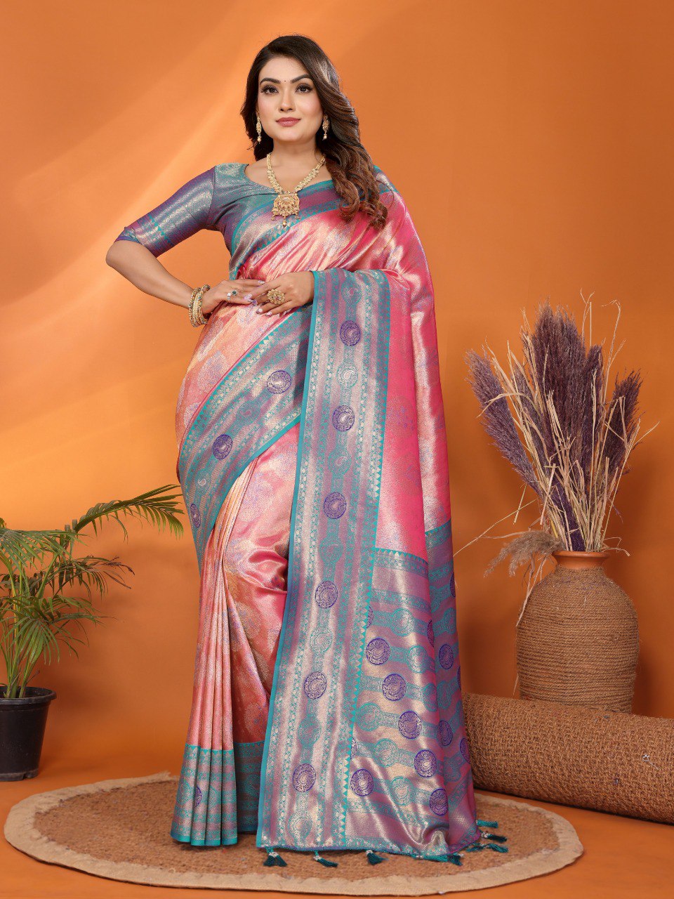 Anaita Pink Banarasi Tissue Silk Saree With Weaving Work | Grocsy
