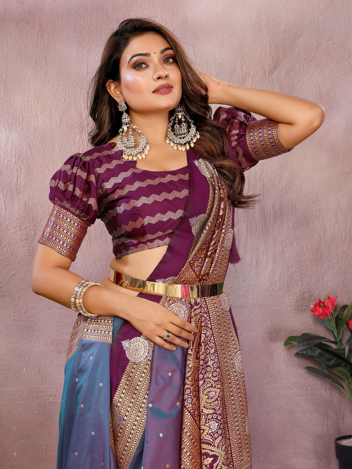 Anaita Purple Handloom Kalamkari Silk Saree With Zari Woven Work | Grocsy