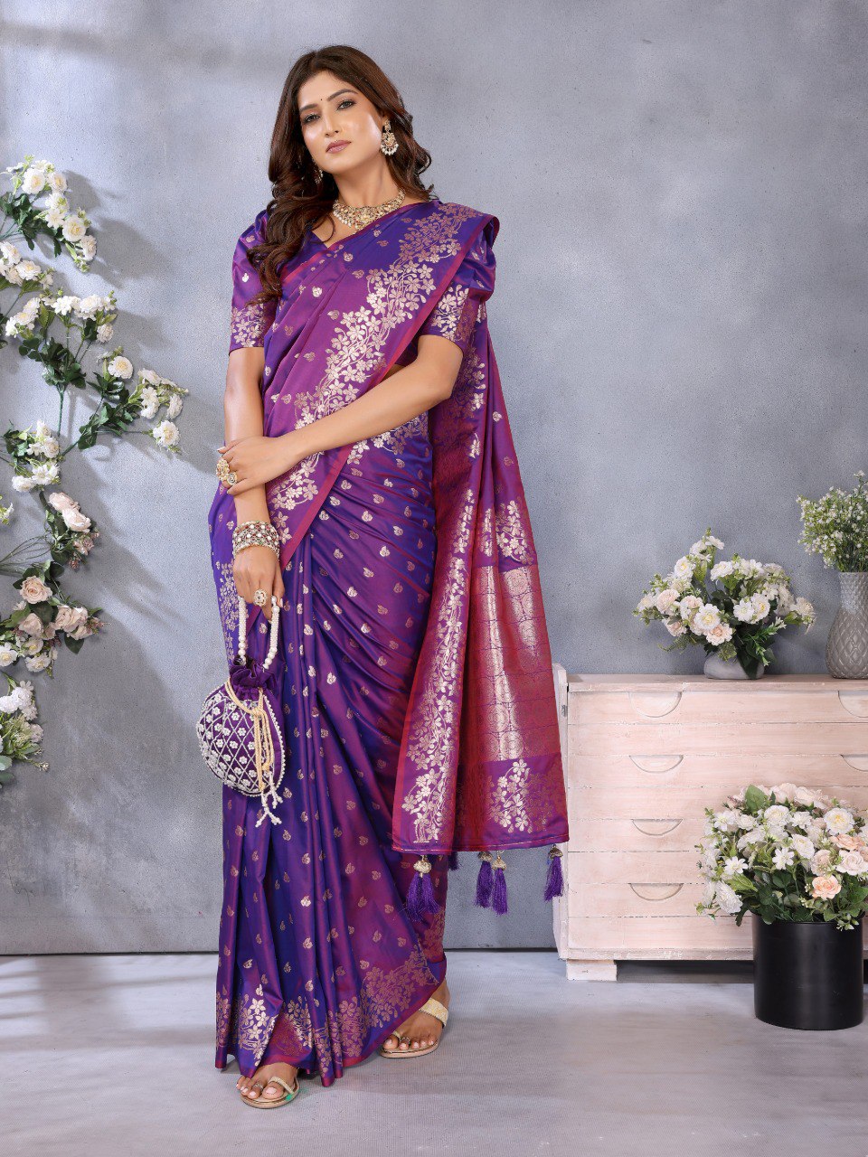 Anaita Purple Premium Banarasi Tissue Silk Saree With Gala Weaving Work | Grocsy