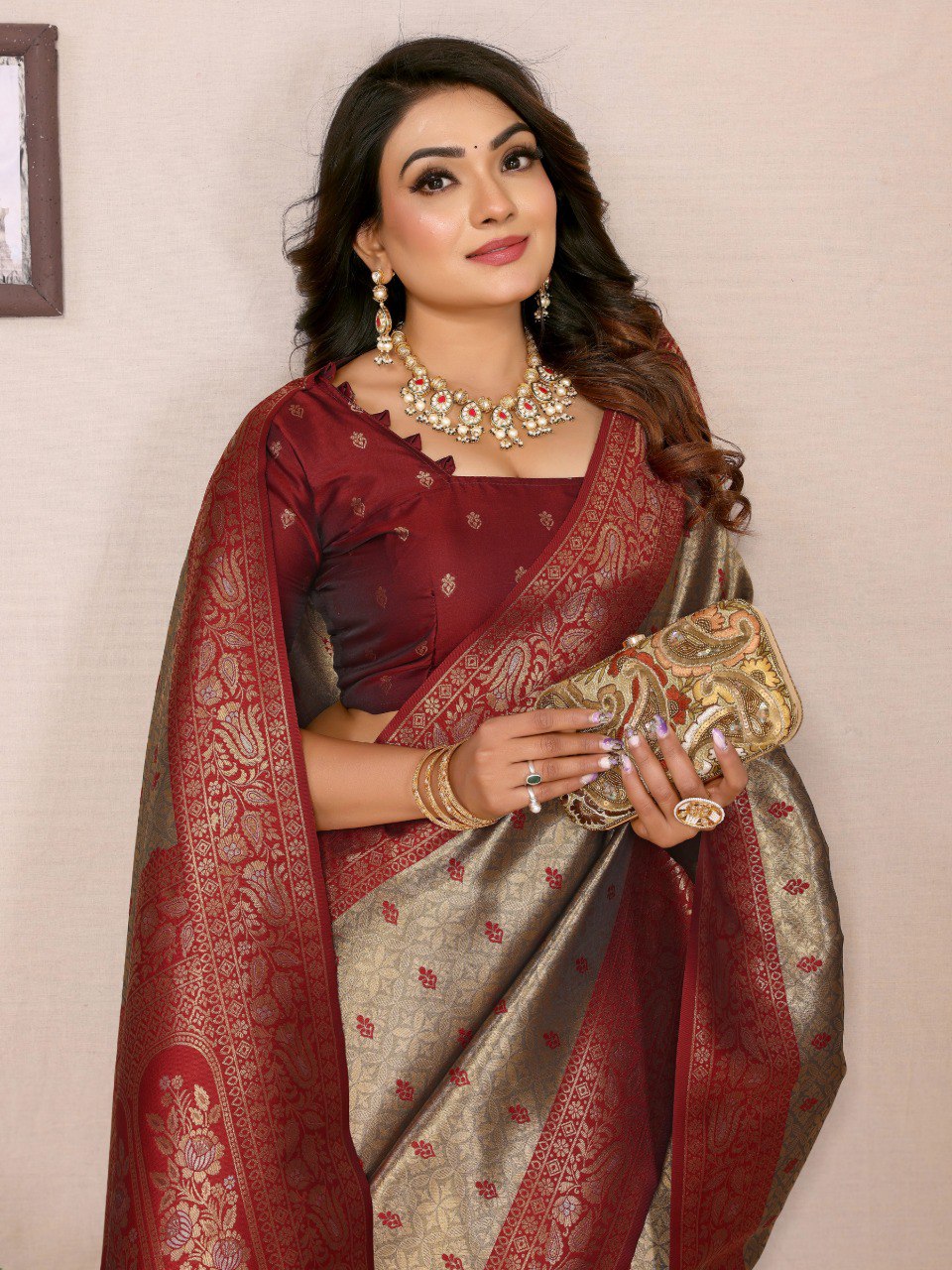 Anaita Beige Tissue Silk Saree With Weaving Zari Work | Grocsy