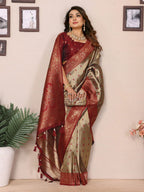 Anaita Beige Tissue Silk Saree With Weaving Zari Work | Grocsy