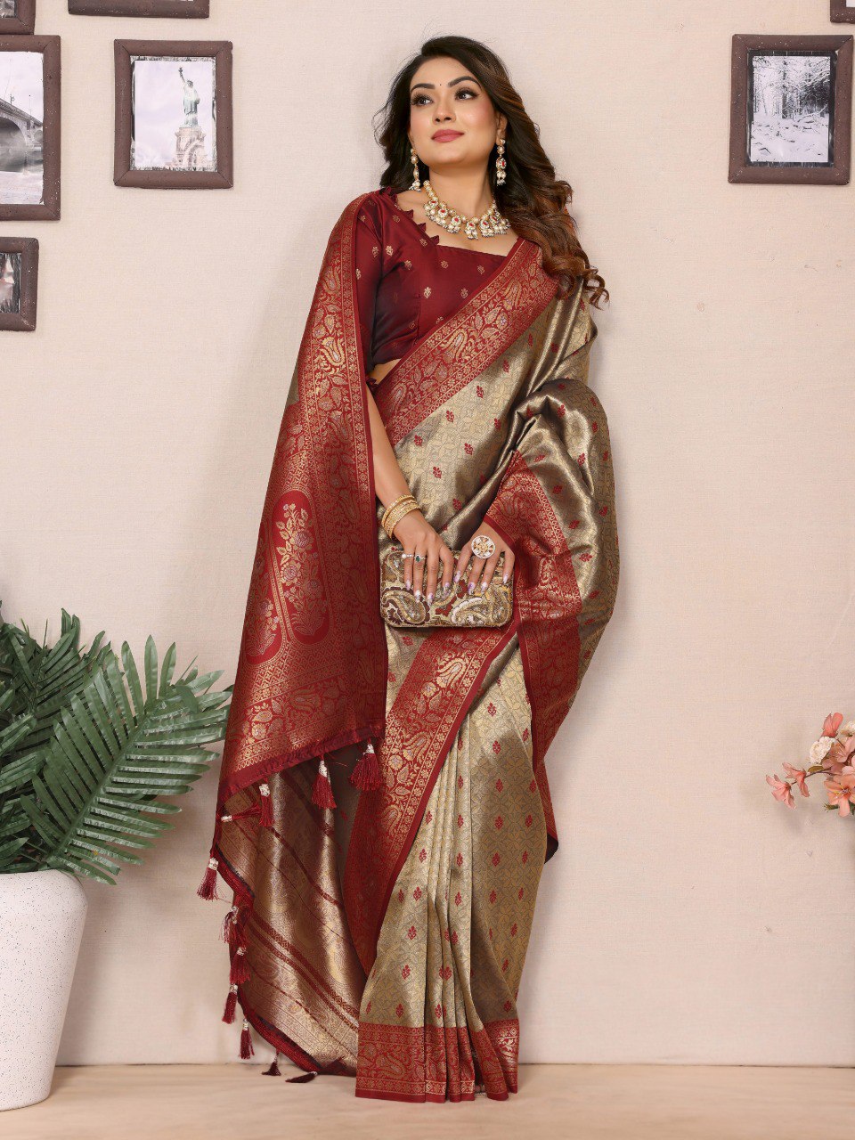 Anaita Beige Tissue Silk Saree With Weaving Zari Work | Grocsy