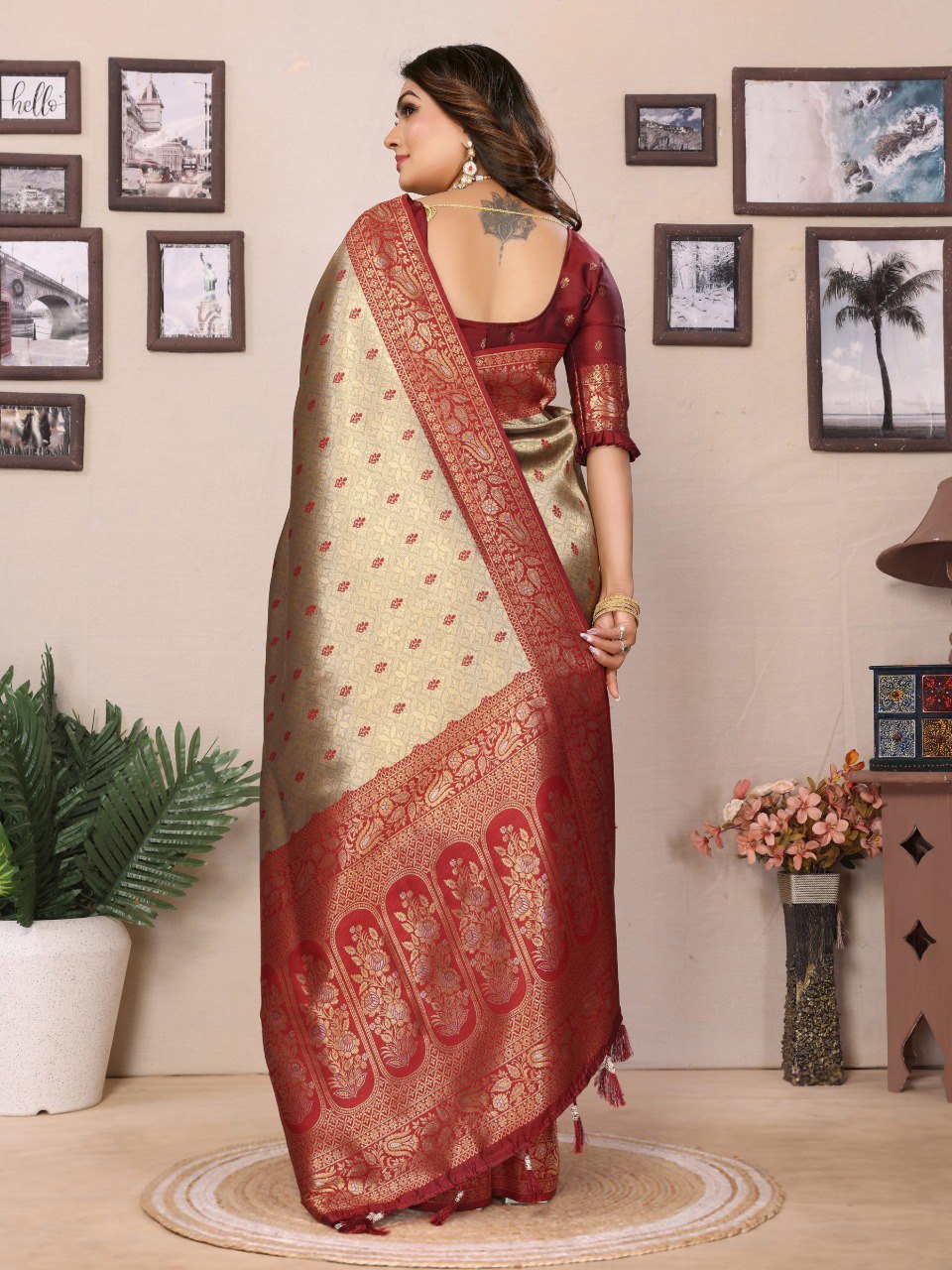 Anaita Beige Tissue Silk Saree With Weaving Zari Work | Grocsy