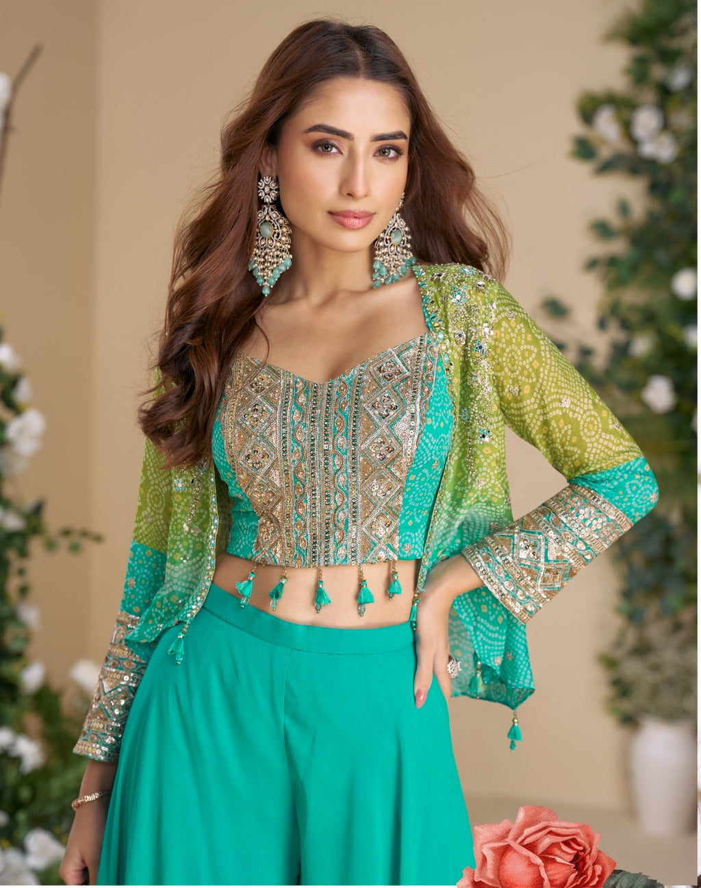 Anaita Teal Blue Heavy Chinon Silk Readymade 3 Piece Set With Sequence & Mirror Work | Grocsy