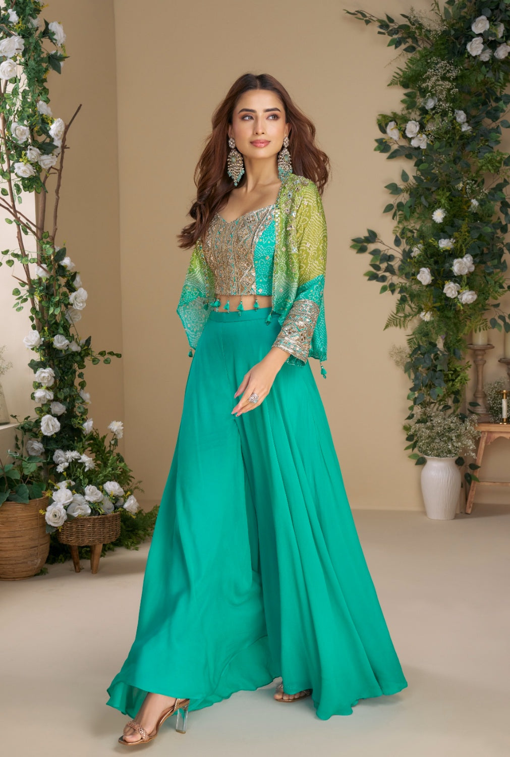 Anaita Teal Blue Heavy Chinon Silk Readymade 3 Piece Set With Sequence & Mirror Work | Grocsy