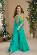 Anaita Teal Blue Heavy Chinon Silk Readymade 3 Piece Set With Sequence & Mirror Work | Grocsy