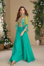 Anaita Teal Blue Heavy Chinon Silk Readymade 3 Piece Set With Sequence & Mirror Work | Grocsy
