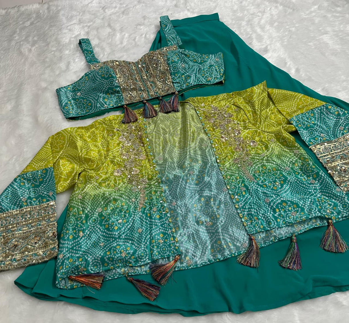 Anaita Teal Blue Heavy Chinon Silk Readymade 3 Piece Set With Sequence & Mirror Work | Grocsy