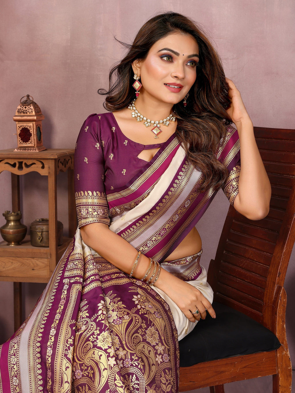 Anaita Beige Handloom Kalamkari Silk Saree With Zari Woven Work | Grocsy