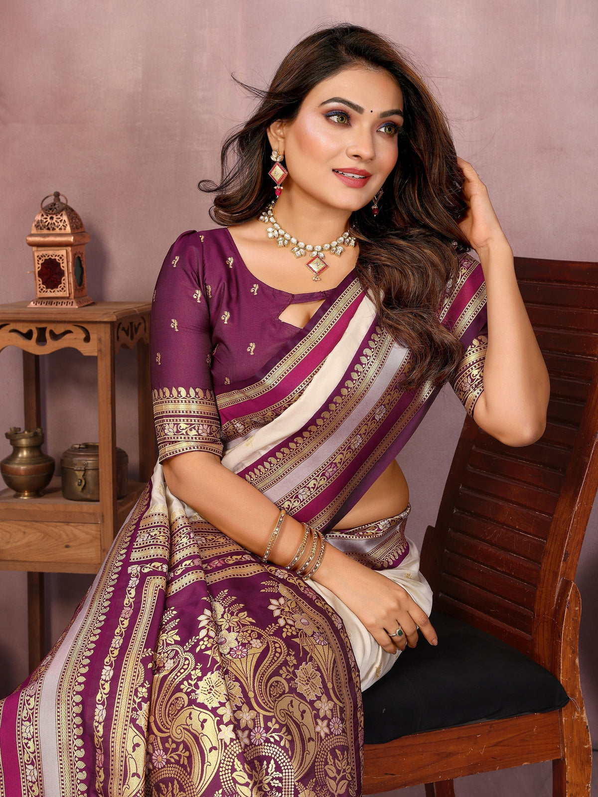 Anaita Beige Handloom Kalamkari Silk Saree With Zari Woven Work | Grocsy