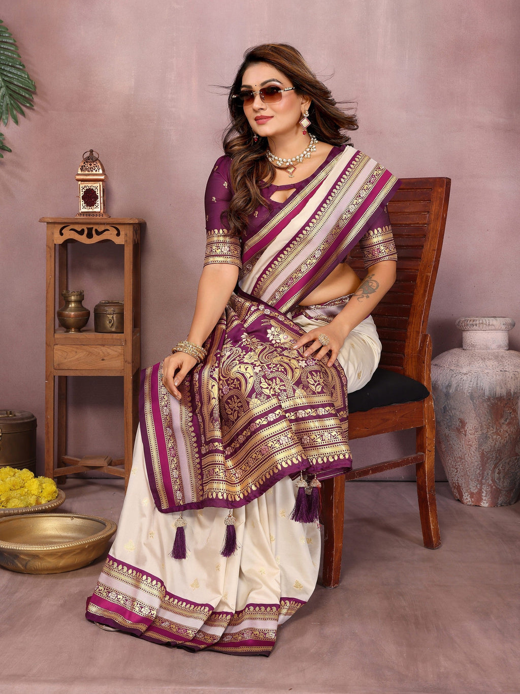 Anaita Beige Handloom Kalamkari Silk Saree With Zari Woven Work | Grocsy