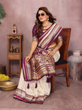 Anaita Beige Handloom Kalamkari Silk Saree With Zari Woven Work | Grocsy