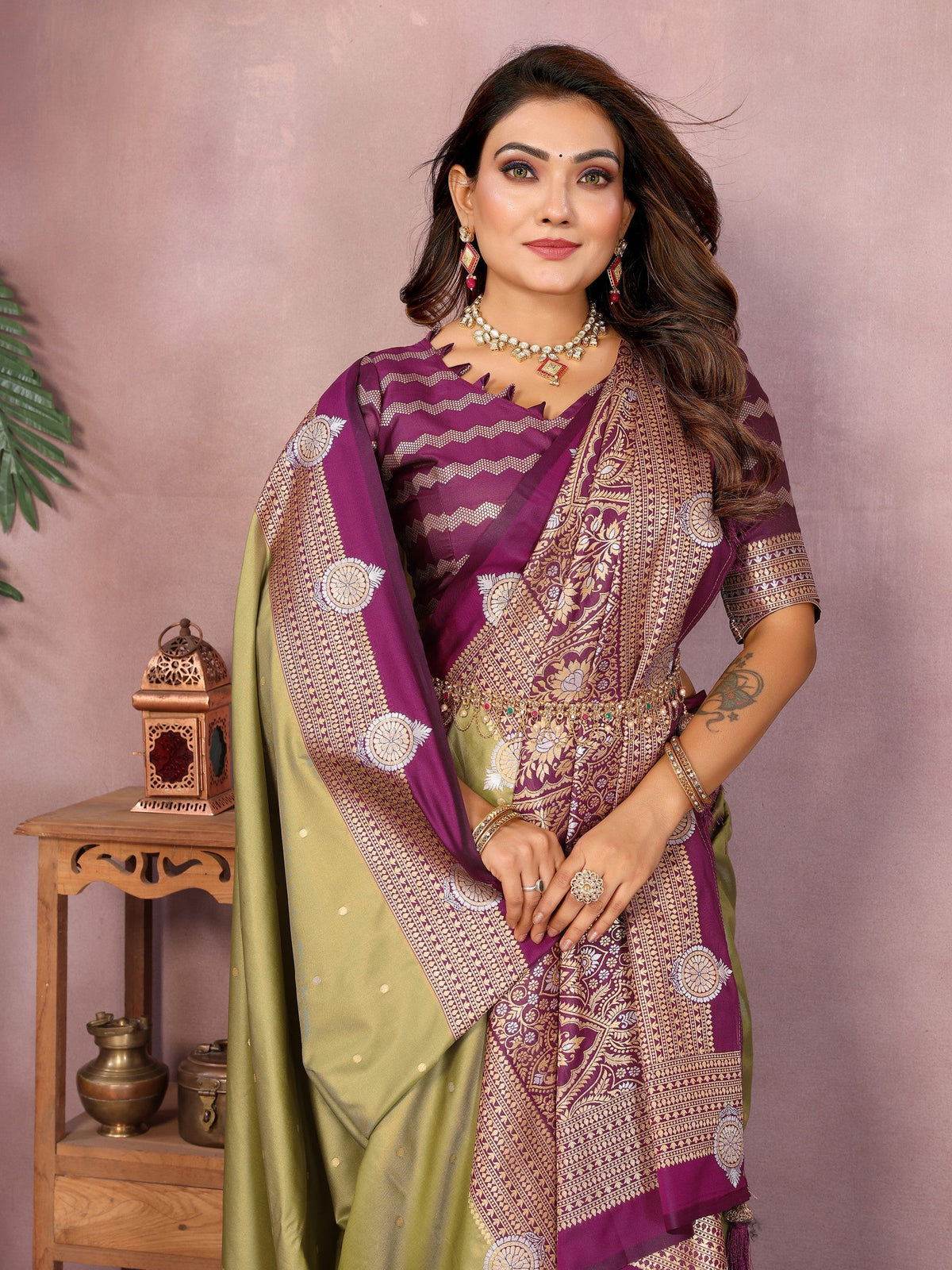 Anaita Olive Handloom Kalamkari Silk Saree With Zari Woven Work | Grocsy
