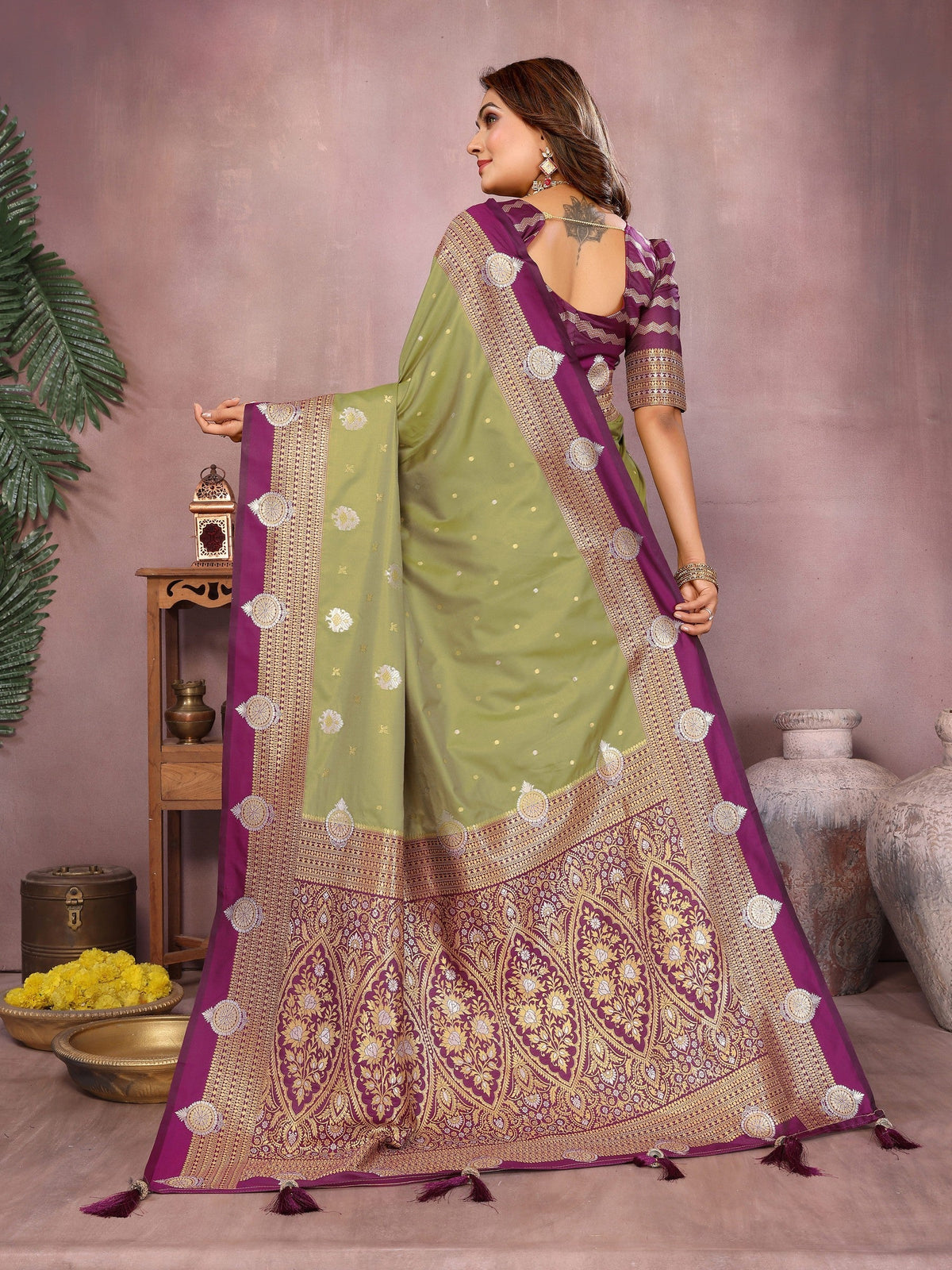 Anaita Olive Handloom Kalamkari Silk Saree With Zari Woven Work | Grocsy