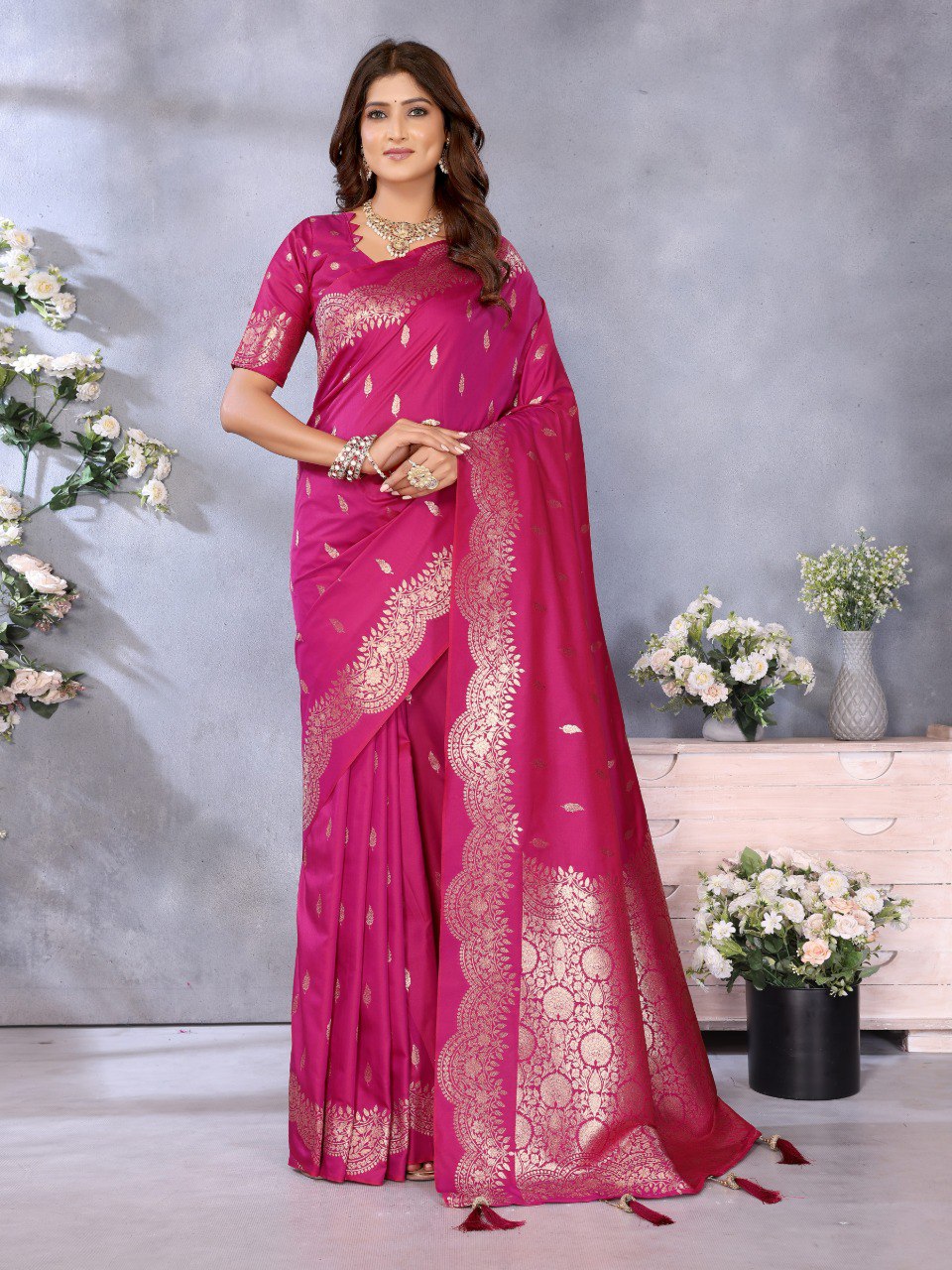 Anaita Pink Premium Banarasi Tissue Silk Saree With Gala Weaving Work | Grocsy