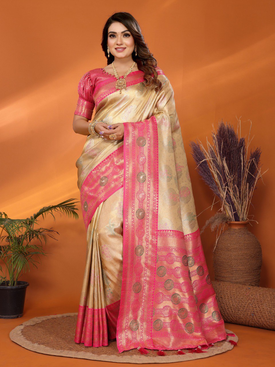 Anaita Beige Banarasi Tissue Silk Saree With Weaving Work | Grocsy