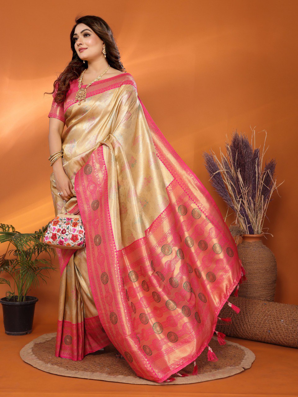 Anaita Beige Banarasi Tissue Silk Saree With Weaving Work | Grocsy
