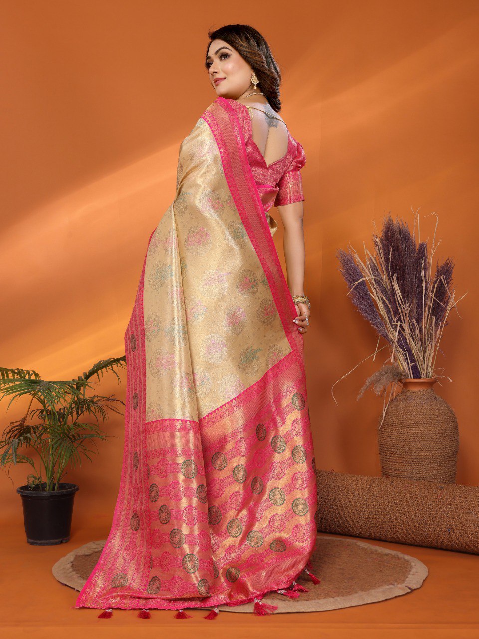 Anaita Beige Banarasi Tissue Silk Saree With Weaving Work | Grocsy