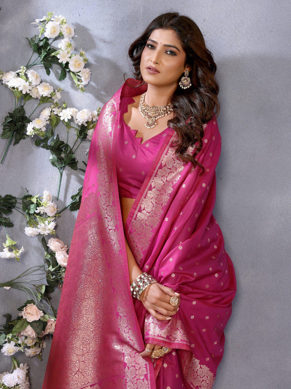 Anaita Magenta Premium Banarasi Tissue Silk Saree With Gala Weaving Work | Grocsy
