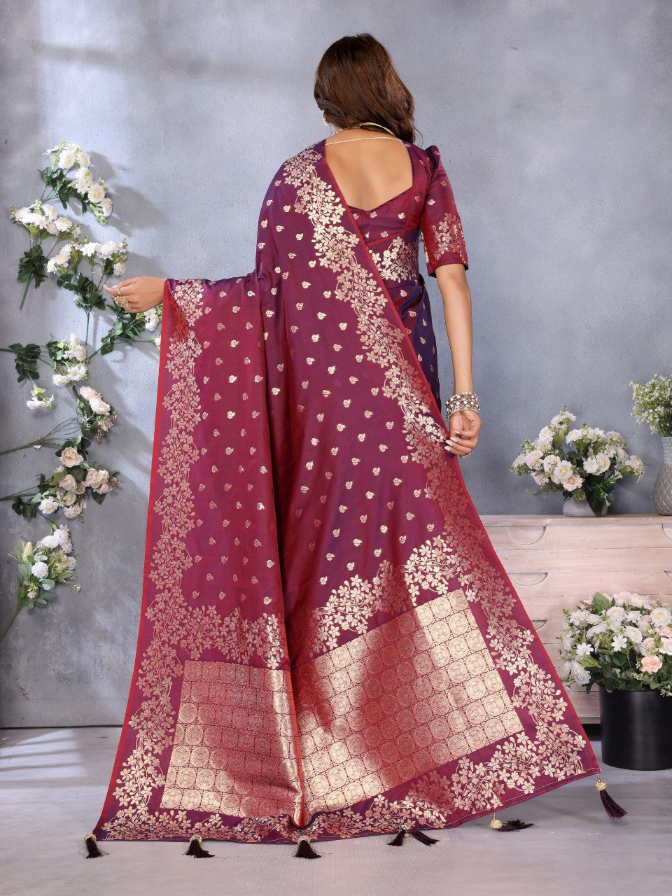 Anaita Maroon Premium Banarasi Tissue Silk Saree With Gala Weaving Work | Grocsy