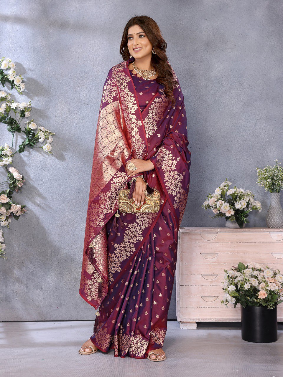 Anaita Maroon Premium Banarasi Tissue Silk Saree With Gala Weaving Work | Grocsy
