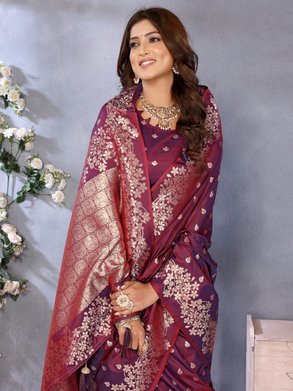 Anaita Maroon Premium Banarasi Tissue Silk Saree With Gala Weaving Work | Grocsy