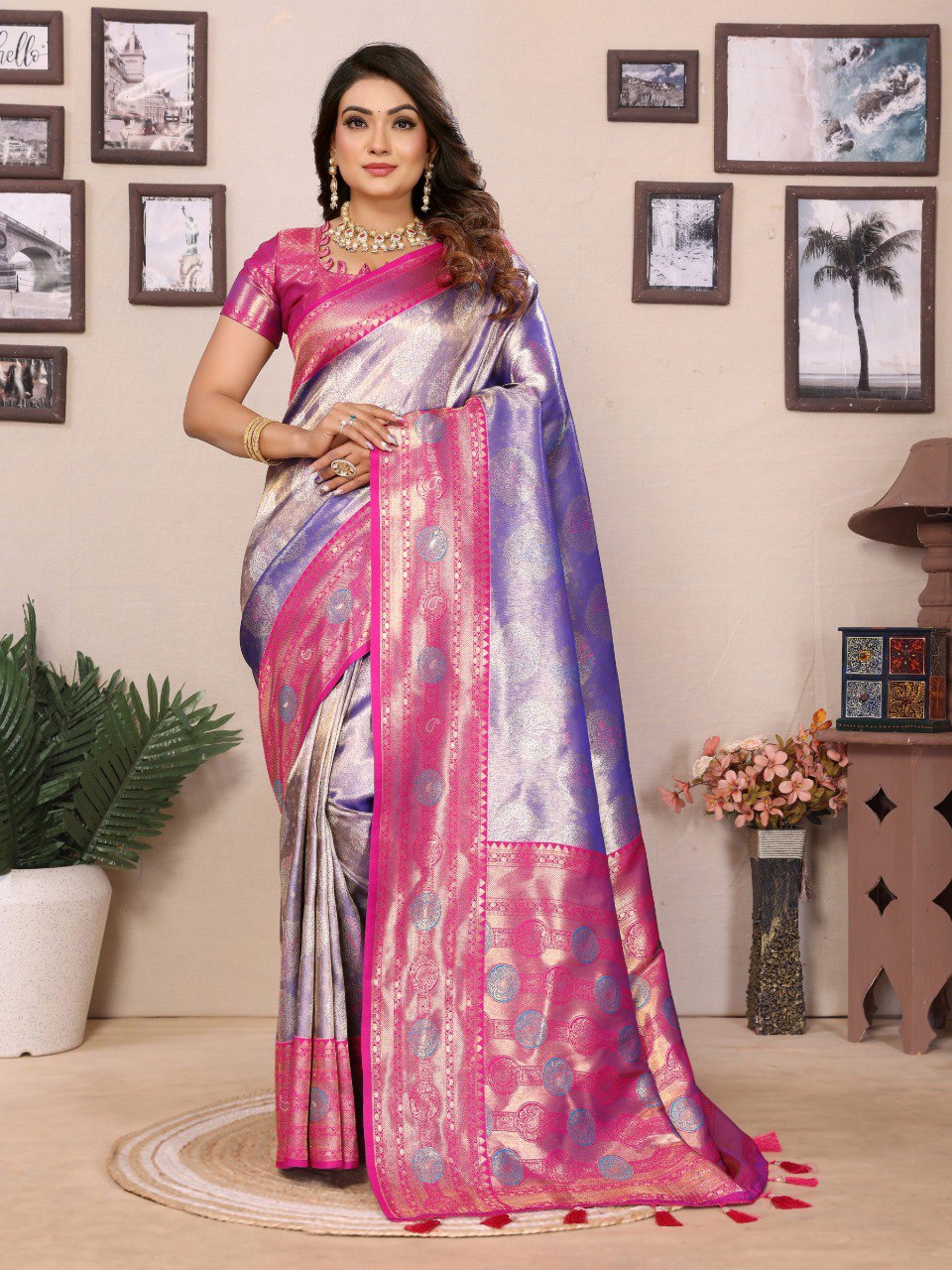 Anaita Purple Banarasi Tissue Silk Saree With Weaving Work | Grocsy