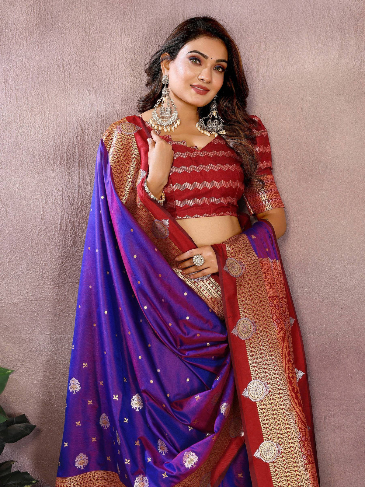 Anaita Violet Handloom Kalamkari Silk Saree With Zari Woven Work | Grocsy