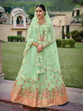 Myra Mint Green Net Heavy Embroidered Lehenga | Grocsy