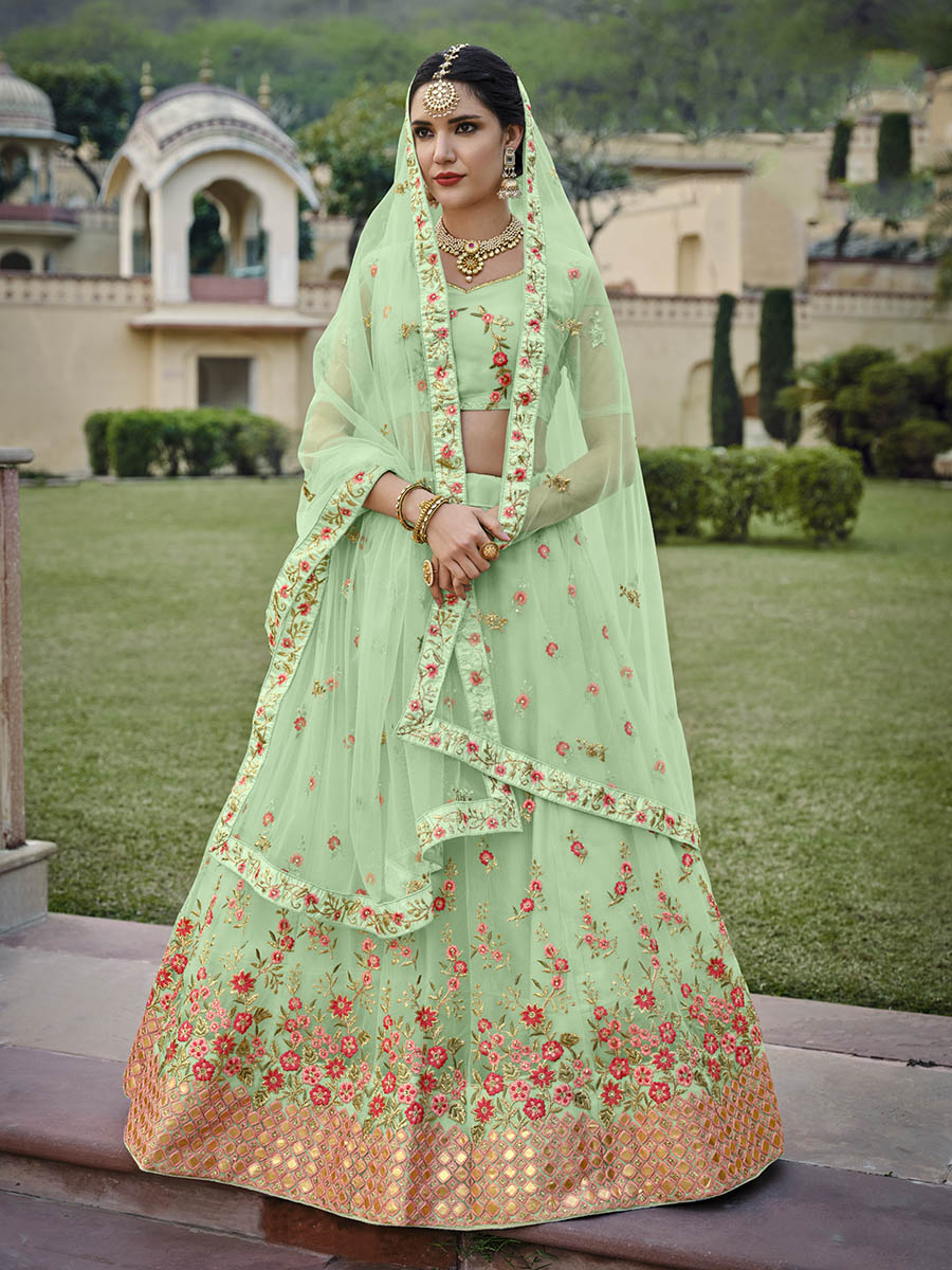 Myra Mint Green Net Heavy Embroidered Lehenga | Grocsy
