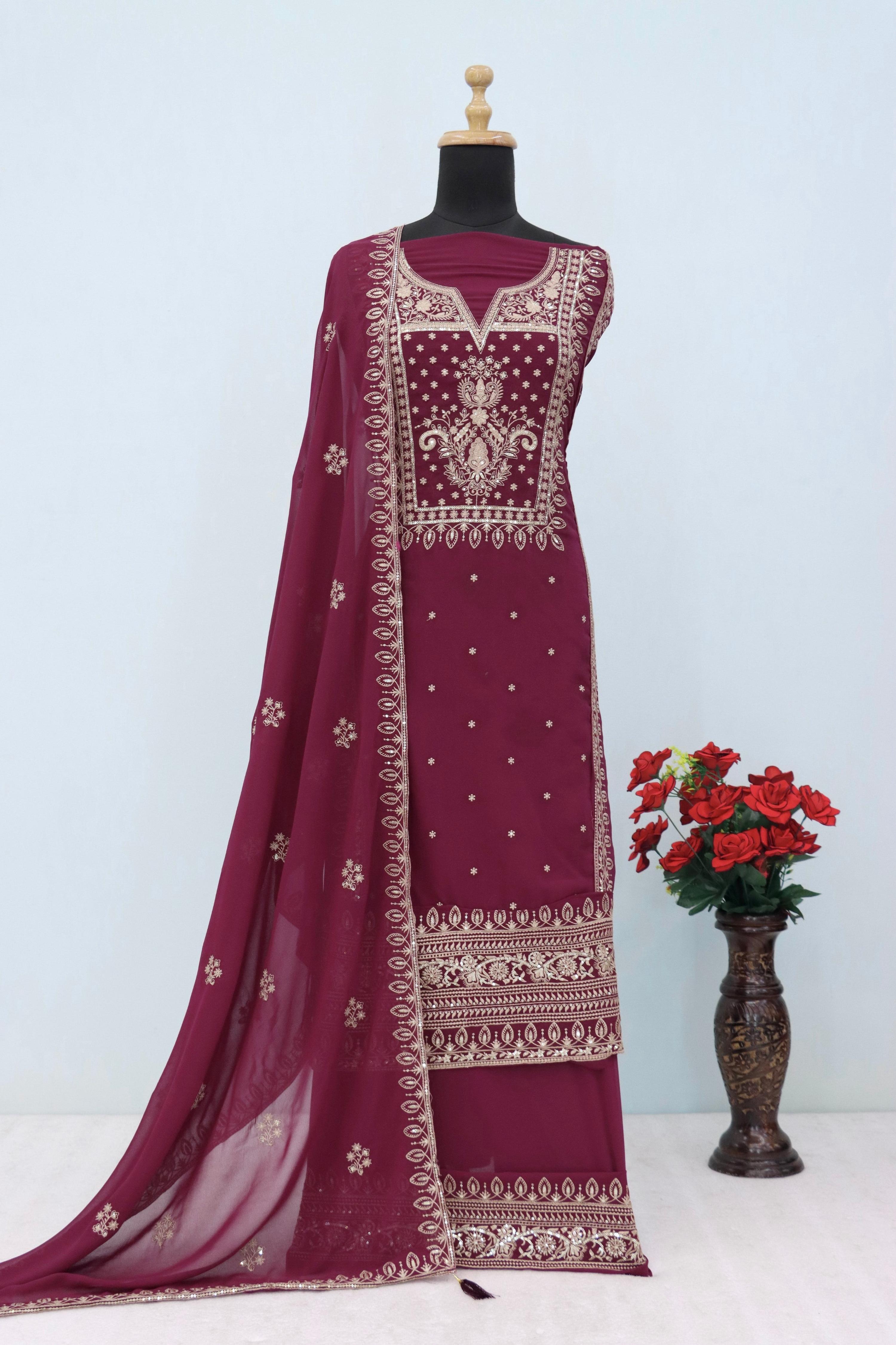 Anaita Wine Premium Embroidered Georgette Salwar Suit | Grocsy