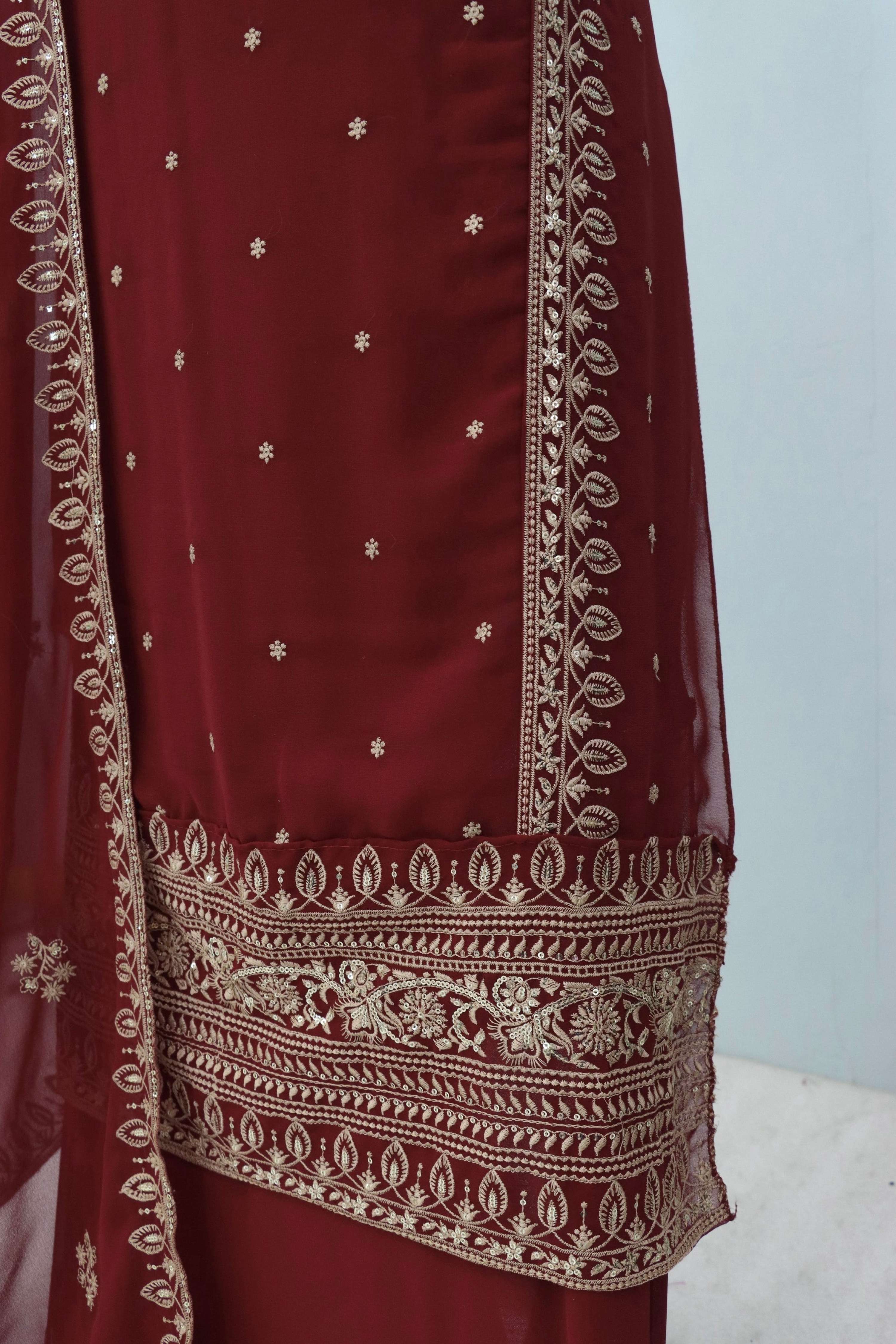 Anaita Maroon Premium Embroidered Georgette Salwar Suit | Grocsy