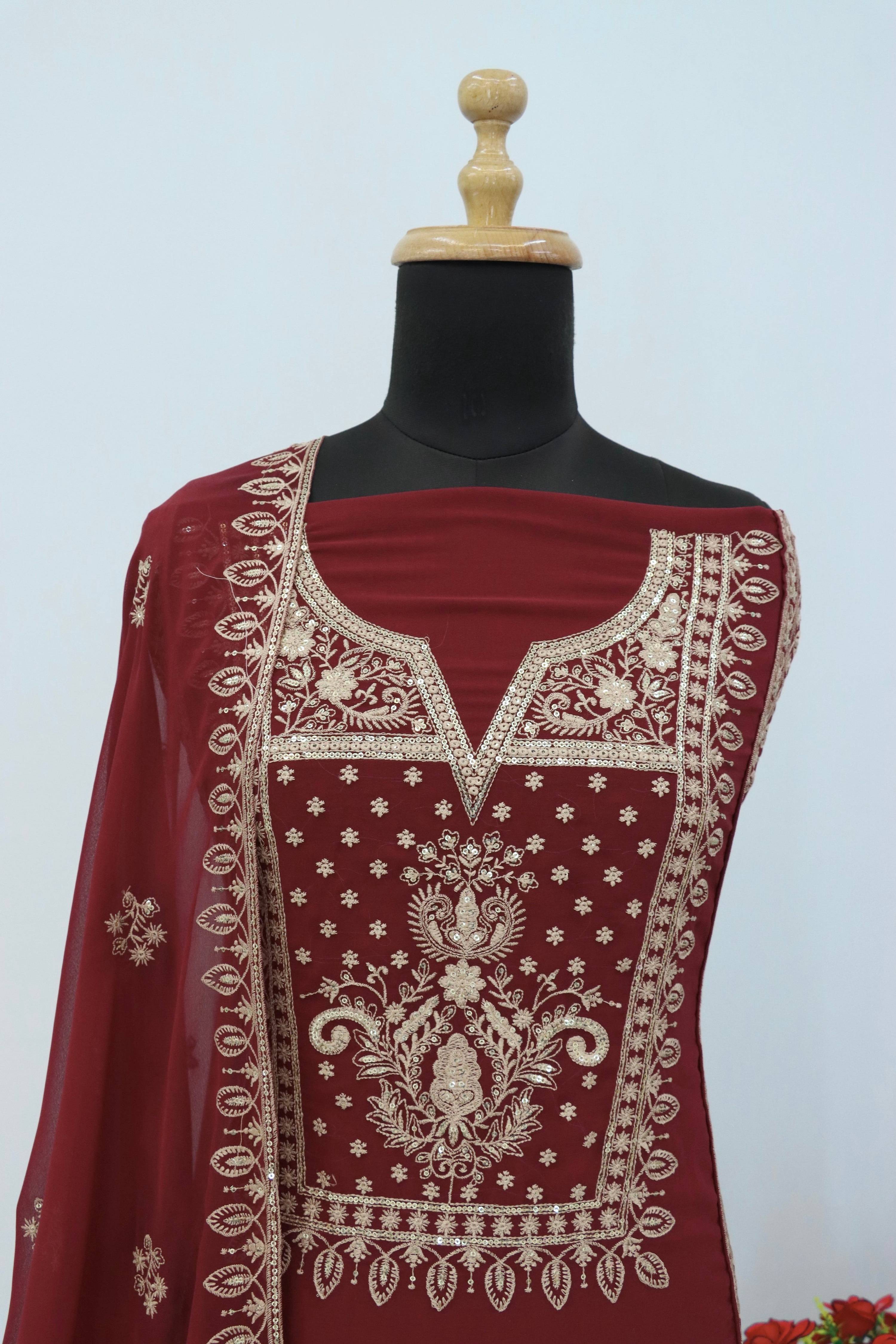 Anaita Maroon Premium Embroidered Georgette Salwar Suit | Grocsy