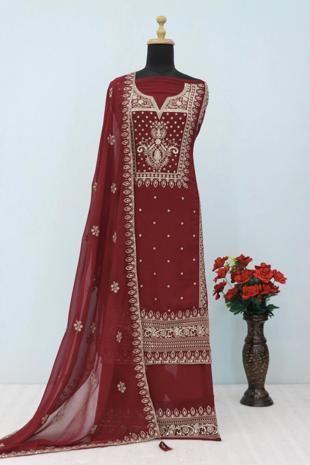 Anaita Maroon Premium Embroidered Georgette Salwar Suit | Grocsy