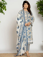 Yufta Blue And Off White Cotton Pakistani Style Kurta Dupatta Set | Grocsy
