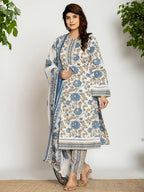 Yufta Blue And Off White Cotton Pakistani Style Kurta Dupatta Set | Grocsy