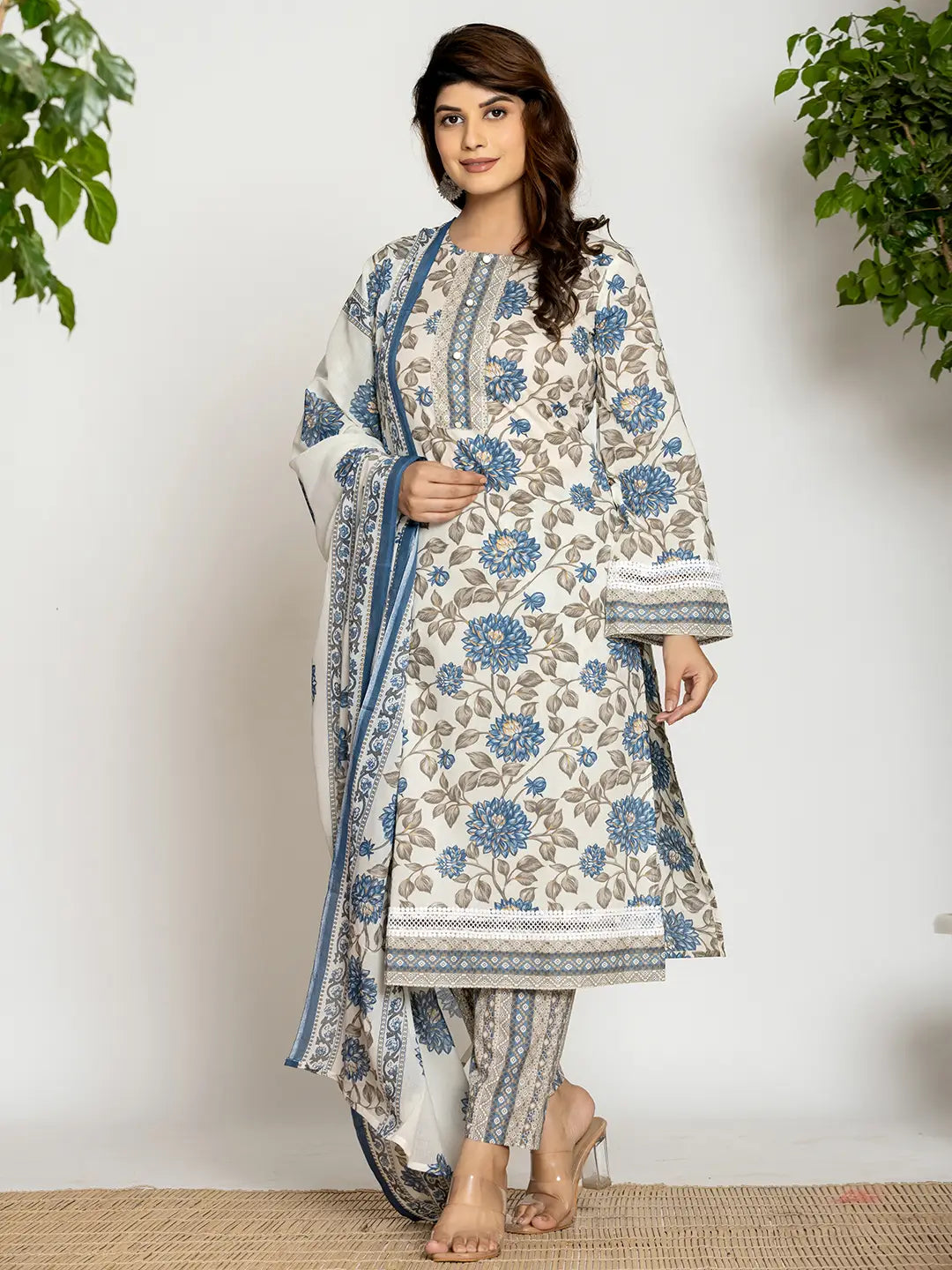Yufta Blue And Off White Cotton Pakistani Style Kurta Dupatta Set | Grocsy